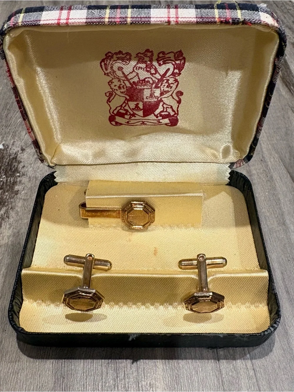 Gold-tone Octagon Cufflinks with Tie Clip Set